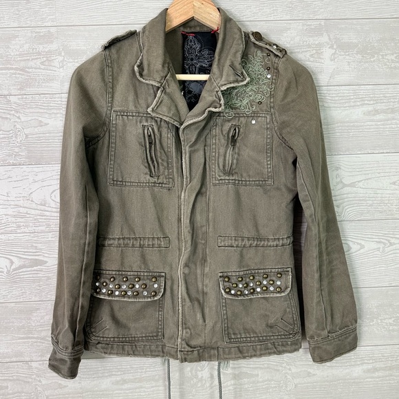 Miss Me Skull Embroidered Utility Denim Jacket Small - Picture 1 of 9